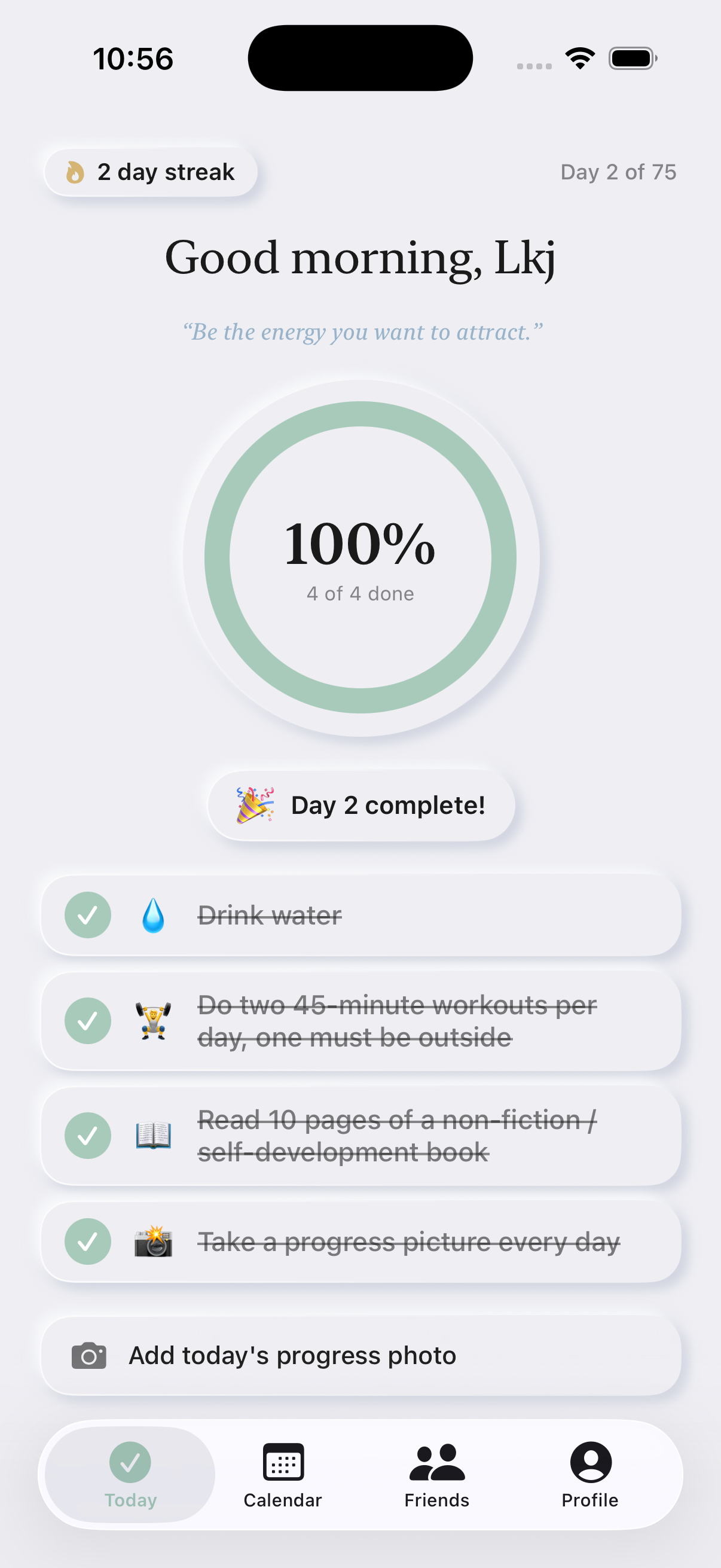 Today screen with sage progress ring at 100%